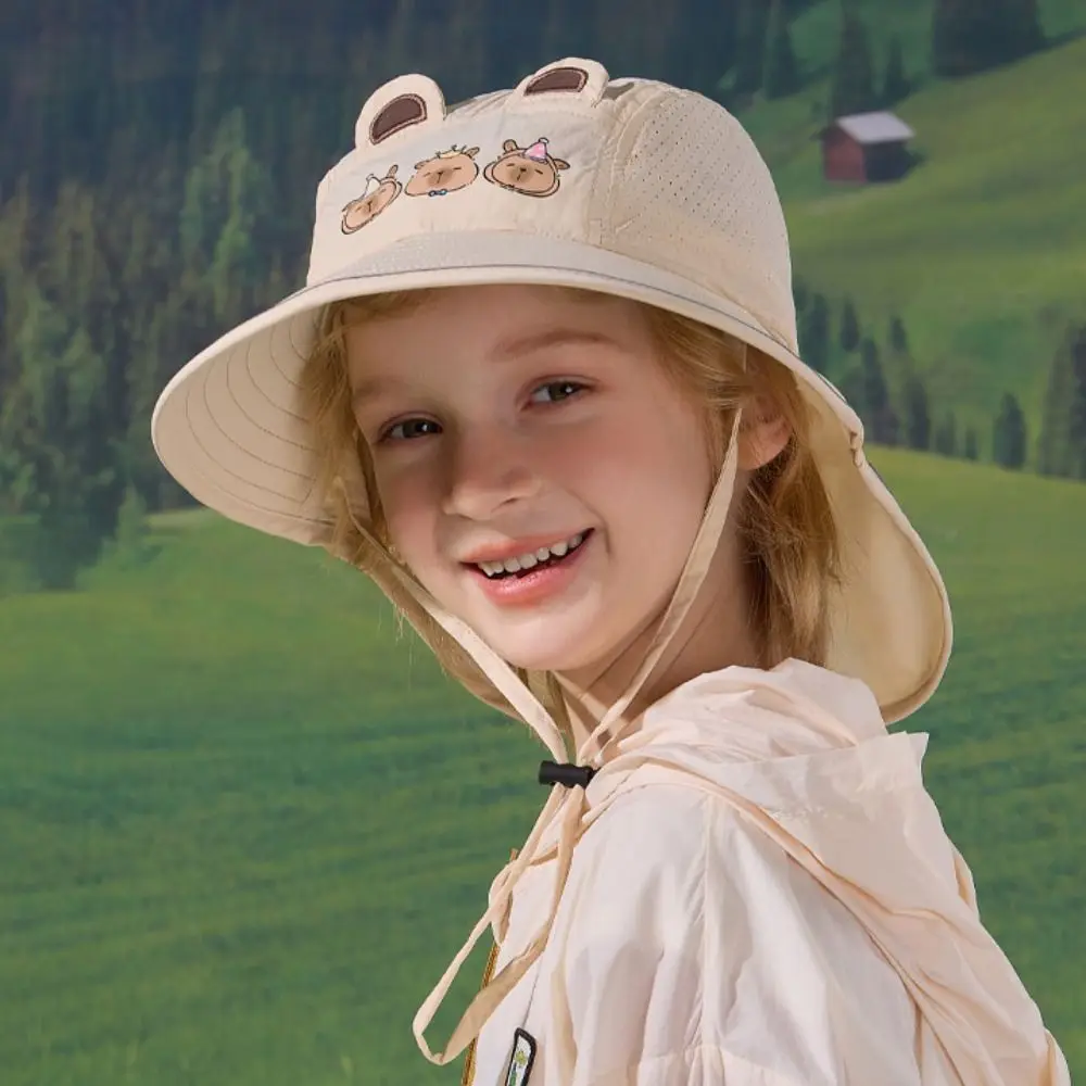 Breathable Capybara Fisherman Hat Windproof Rope Cotton Shawl Sun Hat Wide Brim Quick Dry Baby Sun Protection Hat Spring