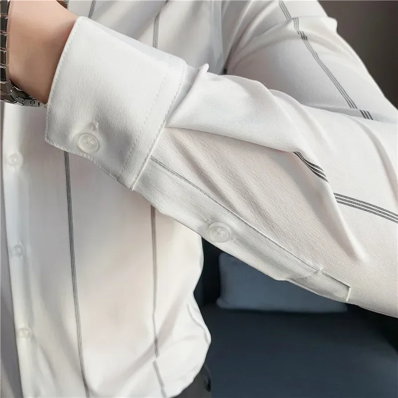 Plus Size 5XL-M High Quality Business Formal Striped Shirts Men Long Sleeve Casual Slim Fit Tuxedo Shirts Social Club Clothing