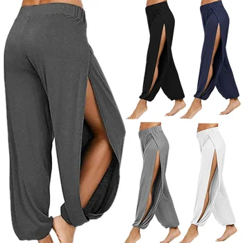 Summer High Slit Haren Pants for Women Sports Yoga Pants Solid Loose Hippie Harem Wide Leg Pants Trousers 1