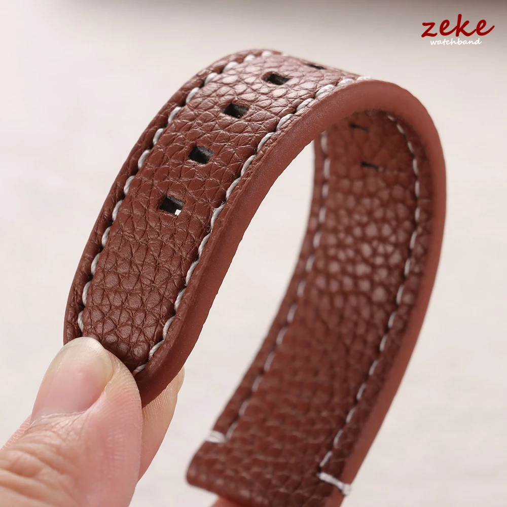 Luxury Lychee Pattern Leather Watch Band - Brown Bracelet with Elegant Stitching