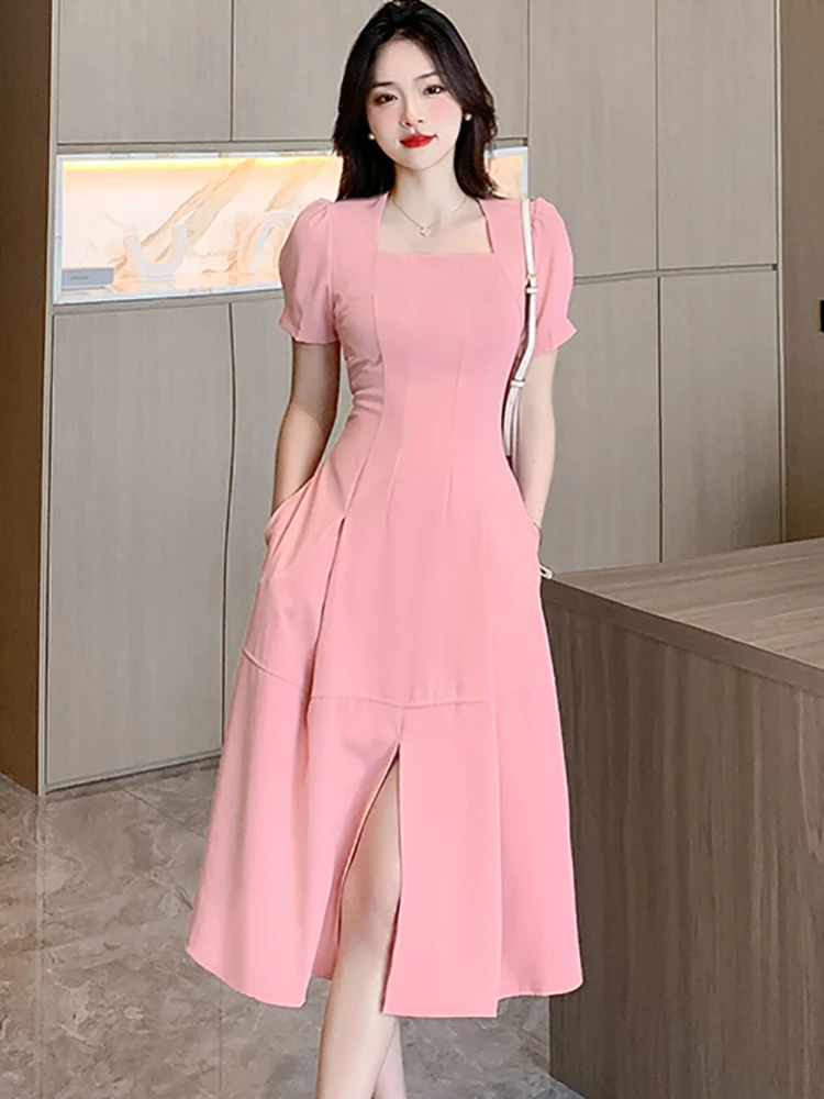 Formal Dress Pink Mid Dress Kawaii Pink Dress Korea Pink Midi Dress Formal  Christmas Sweater Dress