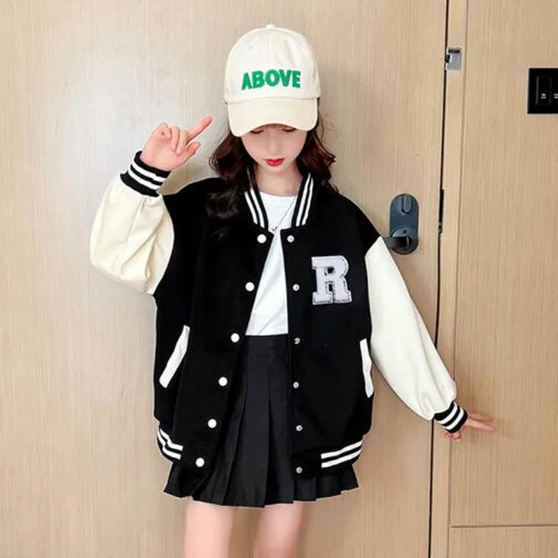 

Girls' Coat Spring and Autumn 2024 New Children's Matching Color Baseball Jackets Teenager Clothes Casual Loose Kids Tops