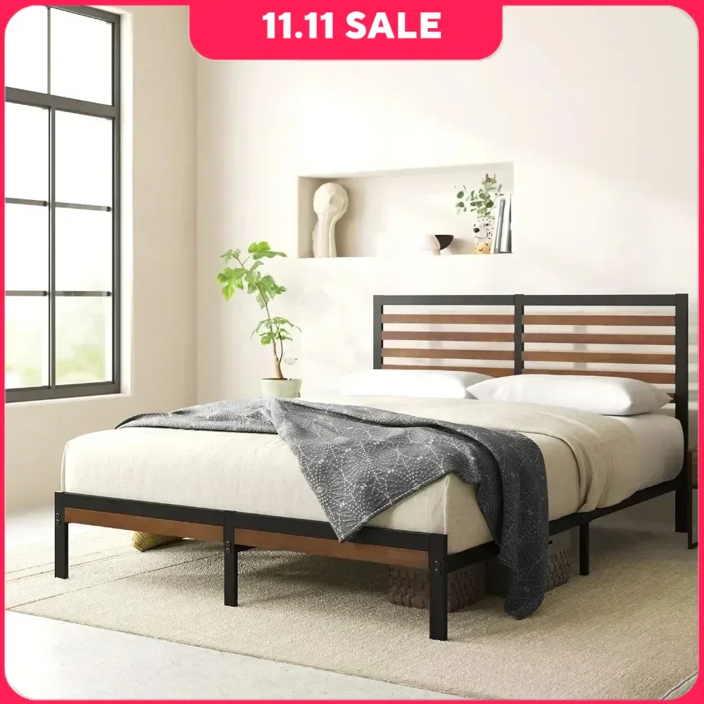 Bedroom furniture bamboo metal platform bed frame with headboard / no spring required / easy to assemble, large, brown