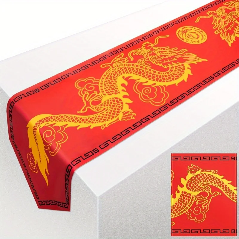 

1pc 13inch* 6ft Chinese Dragon Printed Table Runner Dragon Chinese Table Party Decorations for Spring Festival Dining Party