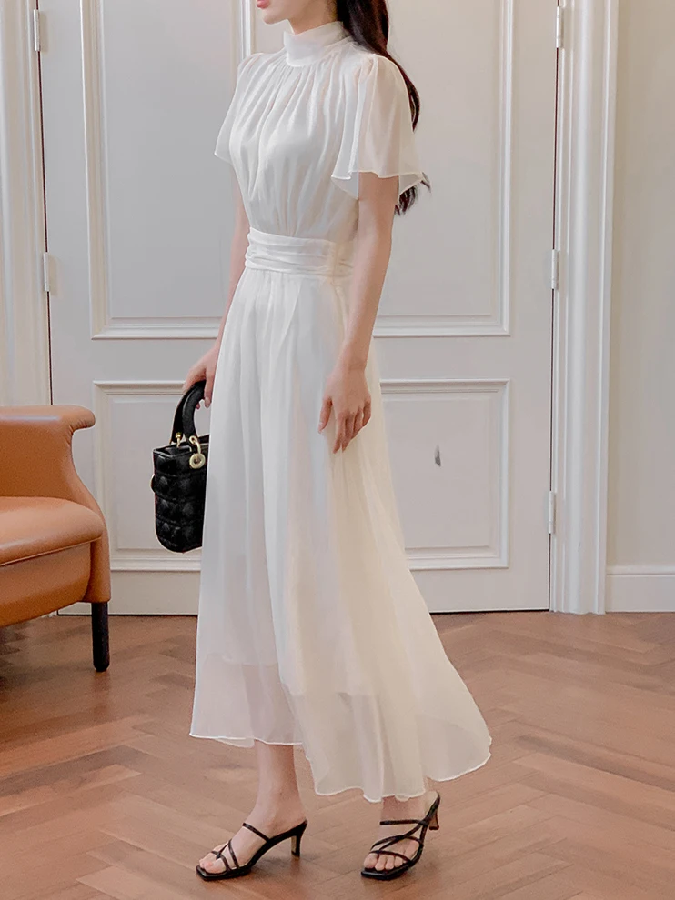 Elegant Solid Midi Dresses for Women Ruffles Half-high Collar A-line Office Lady Casual Korean Fashion Autumn Vestidos Mujer New