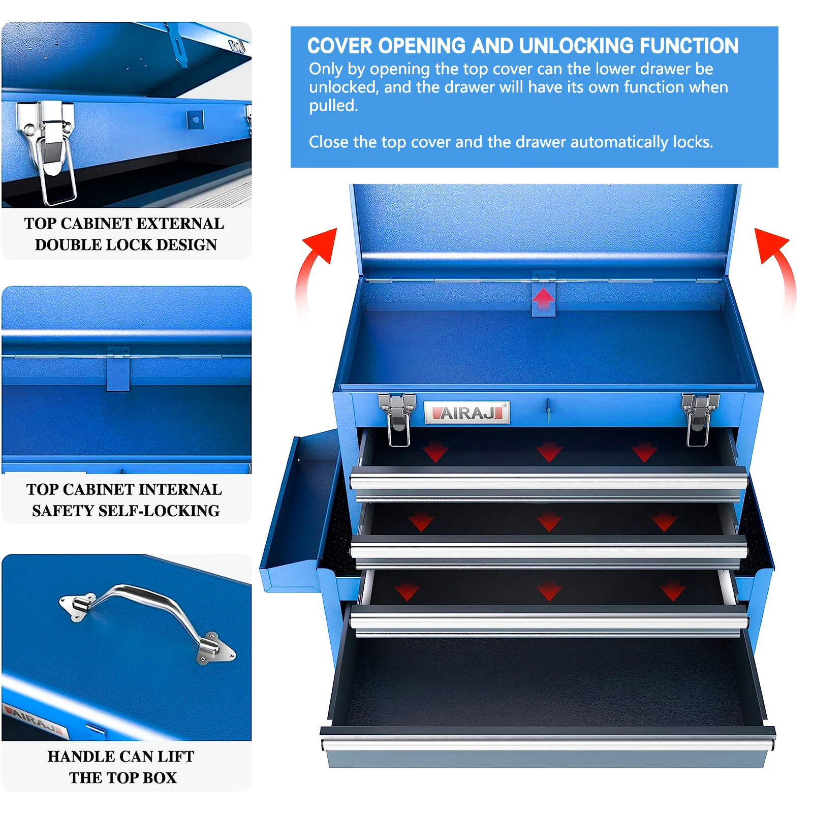 AIRAJ Tool Chest with Wheels & 4 Drawers Tool Chest Storage with Portable Toolbox Tool Cabinet Combo by Self-Locking System