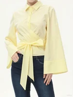 2025 Women Long Sleeve Kimono Shirt Double Breasted Satin Silk Feel Polo Collar Belted Office Chic Spring Autumn Party Blouse - Image 2