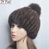 Winter Women Natural Mink Fur Hat Hand Knitted Warm 100% Genuine Mink Fur Cap Russia Lady Real Mink Fur And Fox Fur Pompoms Hats 1