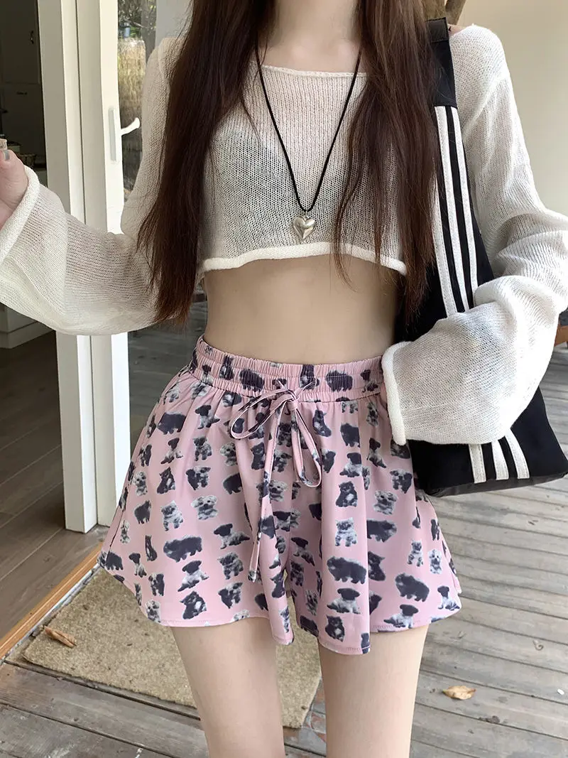 Puppy Print Baggy Shorts Elastic Waist Drawstring Casual Pants Women Summer High Waist Loose Slimming Wide Leg Short Pants