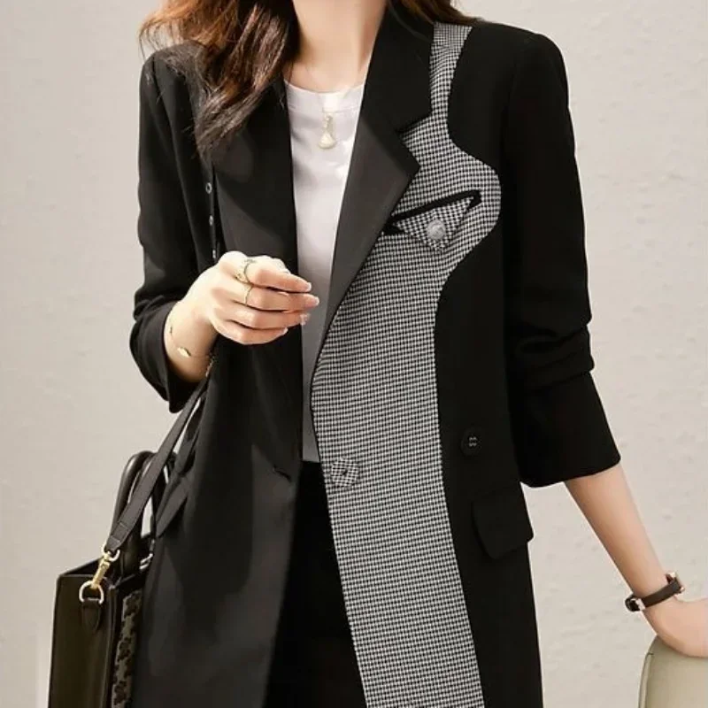 

Women's Blazers Colorblock Jacket Dress Outerwear Over Clothing Black Long Female Coats and Jackets Plaid Check High Quality