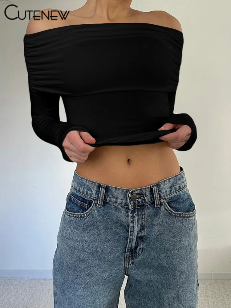 Camisetas con hombros descubiertos para mujer, camisetas clásicas lisas de otoño de manga larga, ajustadas y ajustadas, camisetas urbanas sencillas y salvajes para mujer