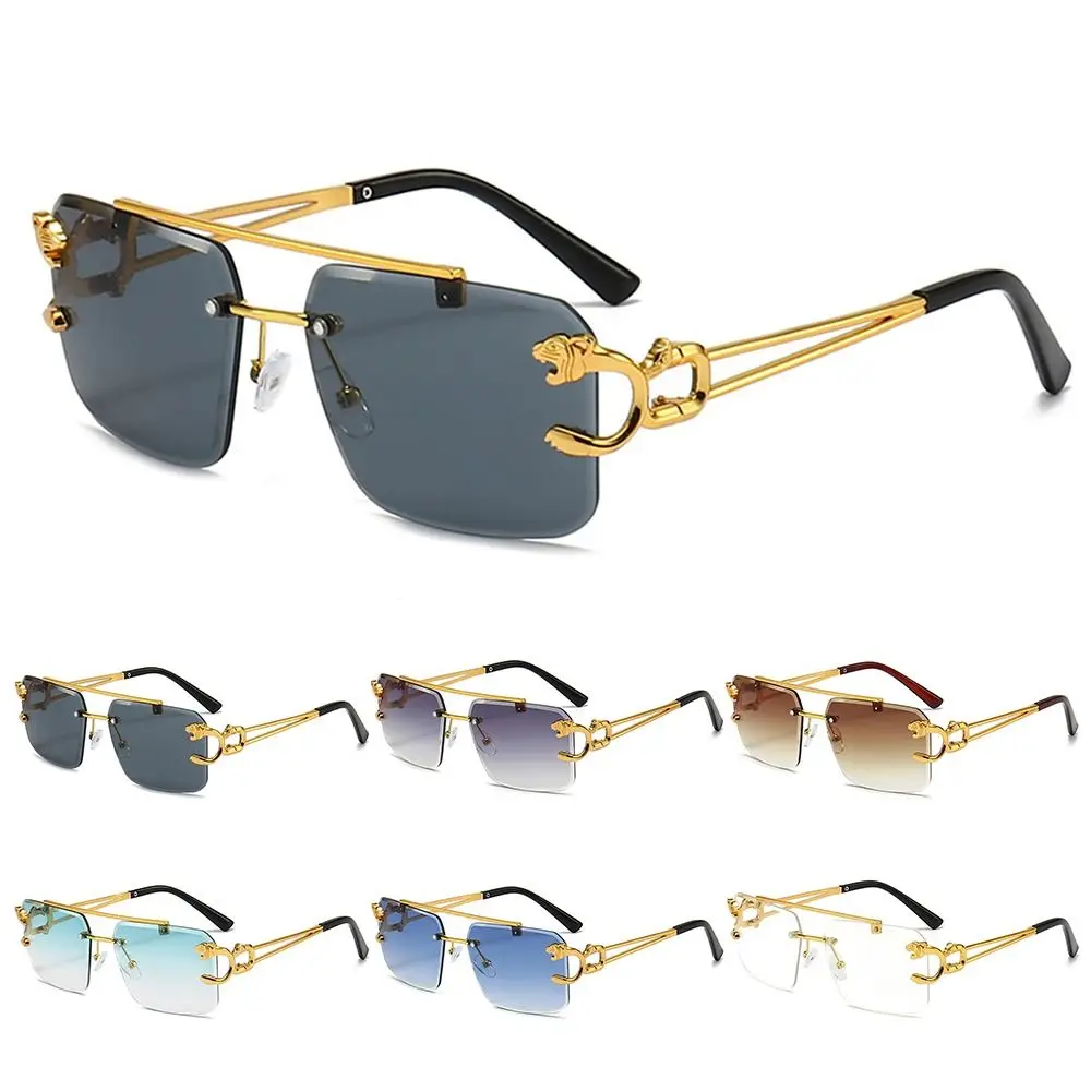 

Fashion Square Eyewear Punk Sun Glasses Gradient Shades with Lion Decor Rimless Sunglasses