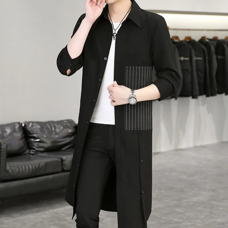 Summer Thin Men's Zipper Casual Cardigan 7/4 Sleeve Trench Coat Pocket Decoration Solid Color Open Front Korean Style