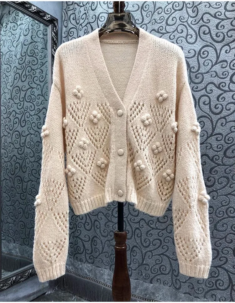 

New Korean Style Knitted Cardigan Coats 2023 Autumn Winter Ladies V-Neck Allover Crochet Knitting Ball Deco Wool Cardigan Tops