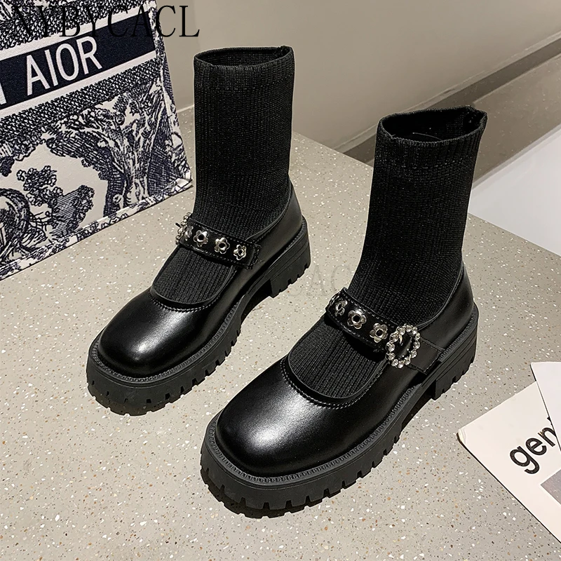 New Women's Socks Boots Metal Decorative Hedging Women's Shoes All-match Comfortable Retro Ladies Boots Commuter Women's Boots