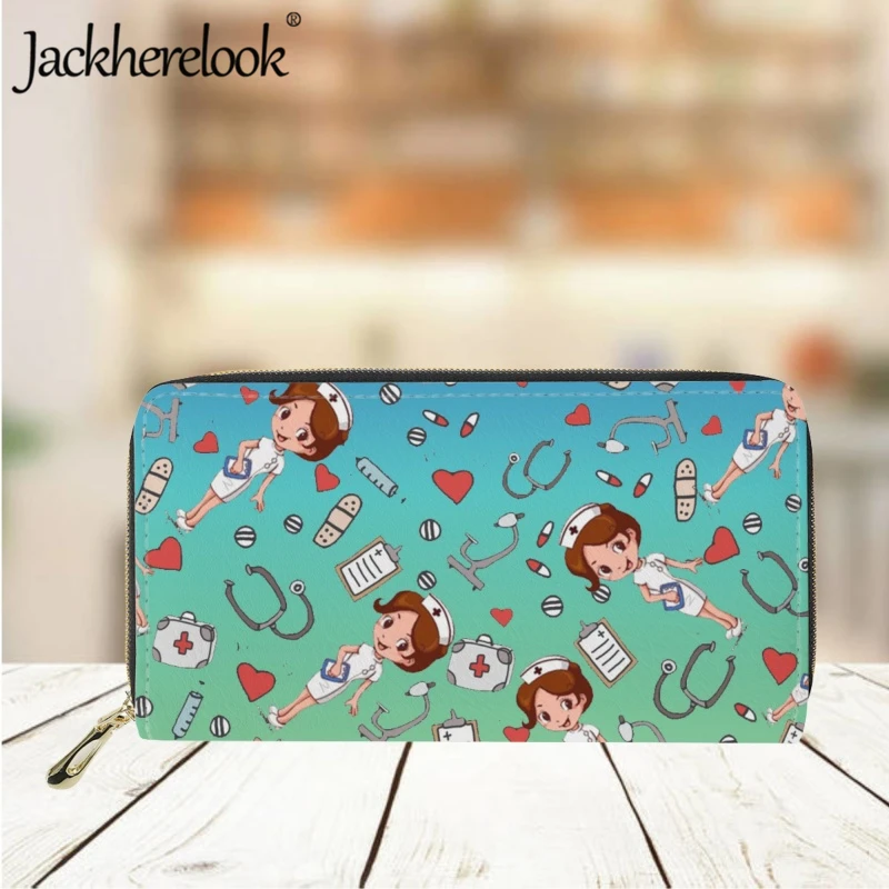 Jackherelook Women's Long Leather Wallet Cartoon Medical Supplies Pattern Printed Purse Ladies Card Holder Clutch Nurse Day Gift