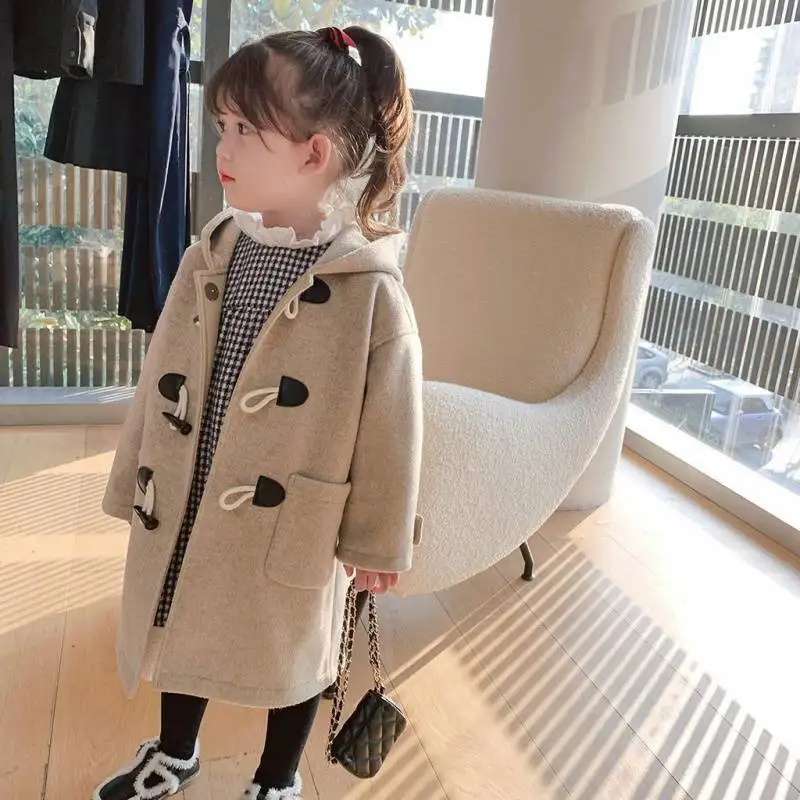 Girls Wool Coat Jacket Outerwear 2023 Long Warm Thicken Plus Velvet Winter Autumn Cotton School Teenagers Children's Clothing