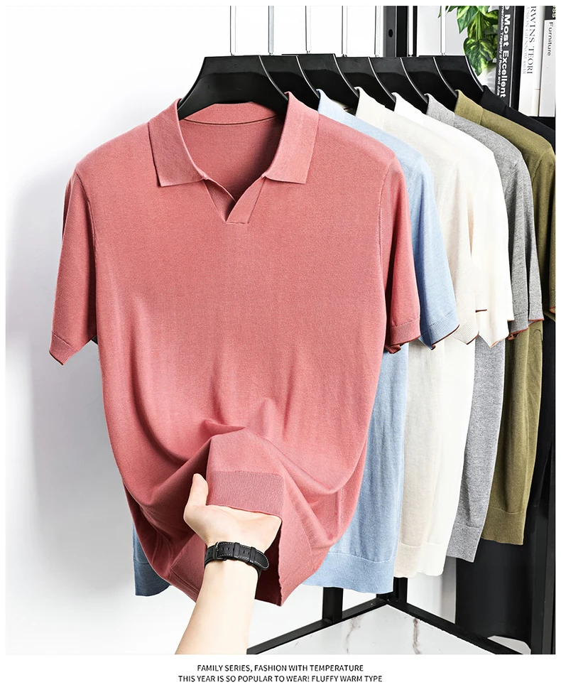100% Lyocell Knitwear 2025 Men Spring Summer Trendy Turn Down Collar Knit Tees Short Sleeve Breathable Knit Tops
