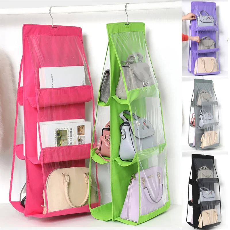 6 Pocket Hanging Handbag Organizer for Wardrobe Closet Transparent Storage Bag Door Wall Clear Sundry Bag with Hanger Pouc