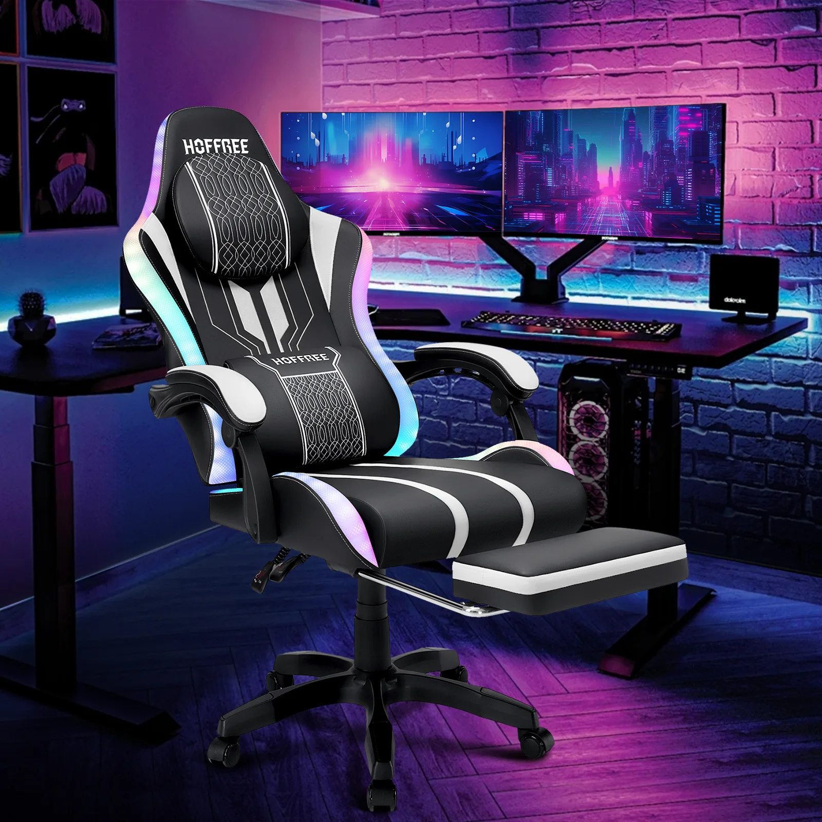 Gaming Chair Bluetooth Speaker Office Chair Ergonomic LED Lights Massage Adjustable Height Armrests Headrest Lumbar Support 2