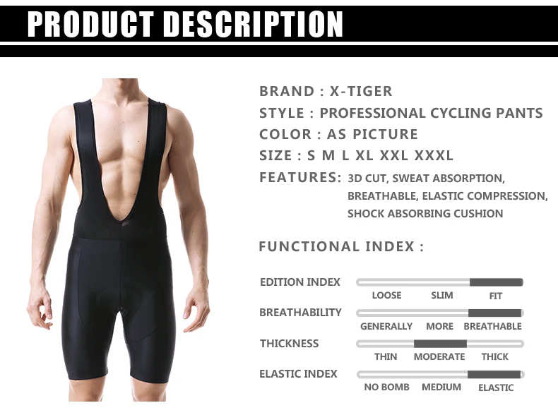 Description Picture 3 of itemX-TIGER Cycling Bibs Shorts Bike Tights Triathlon 5D Gel Padded Pro Lycra Bicycle Shorts Breathable Man Mountain Biking Shorts