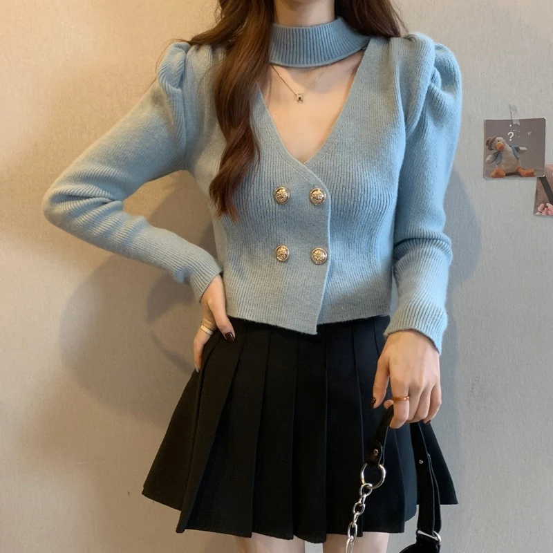 Cropped Cardigan Women Formal V-neck Puff Sleeve Temperament Halter Autumn Winter Popular Chic French Style Elegant Advanced 5