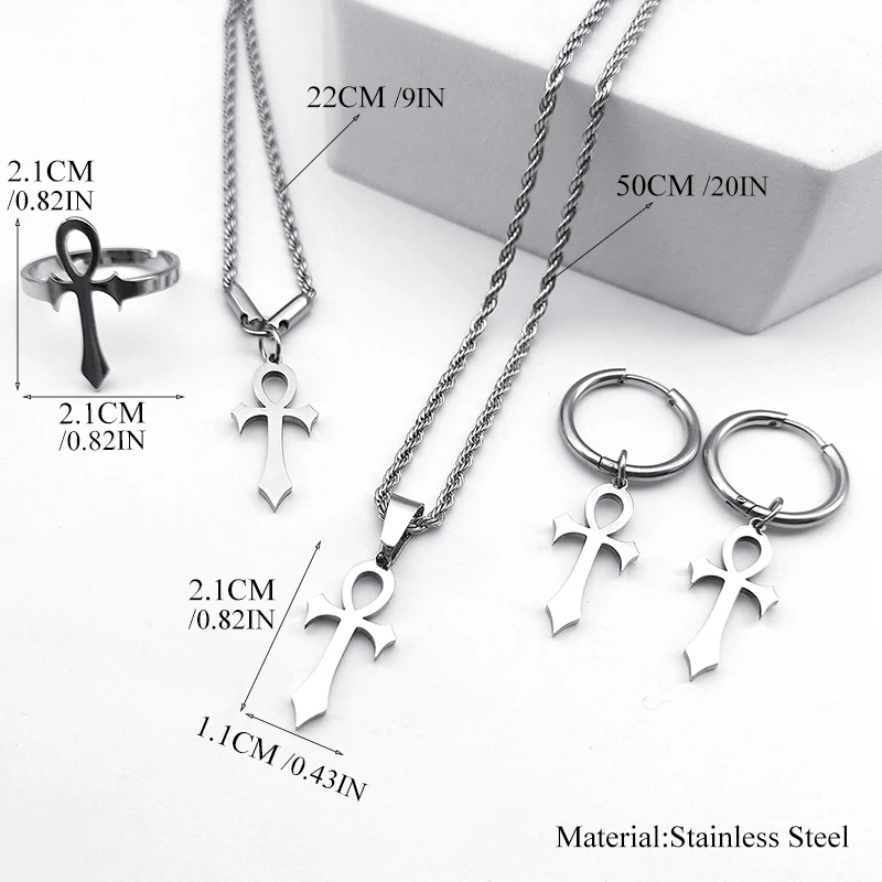 Edelstahl-Schmuckset, Kreuz, Ankh, Schlüssel des Lebens, ägyptische Halskette, Armband, Ring, Ohrring, Ägypten, Hieroglyphen, Crux, Ansata, Geschenke – Detail 4