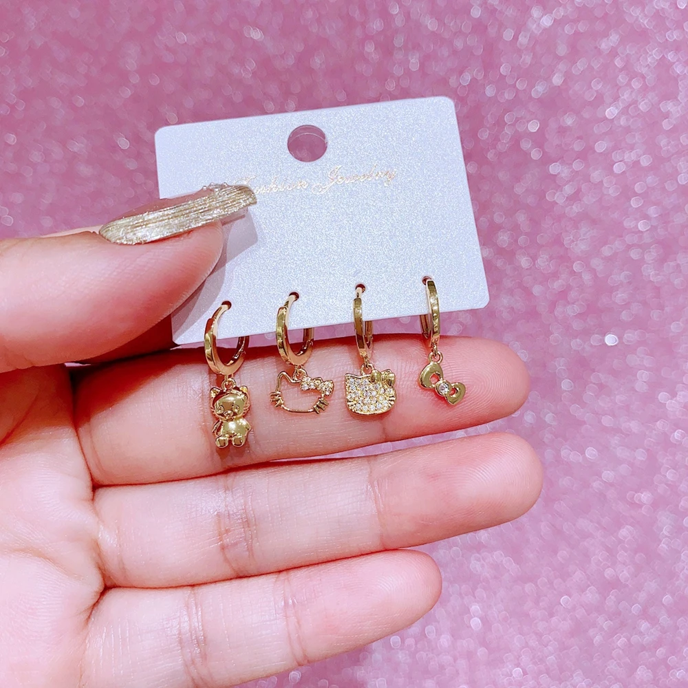 MIGGA 4pcs Sweet Bowknot Cat Cartoon Dangle Earrings Set for Women Girls Gold Plated Cubic Zircon Jewelry 4