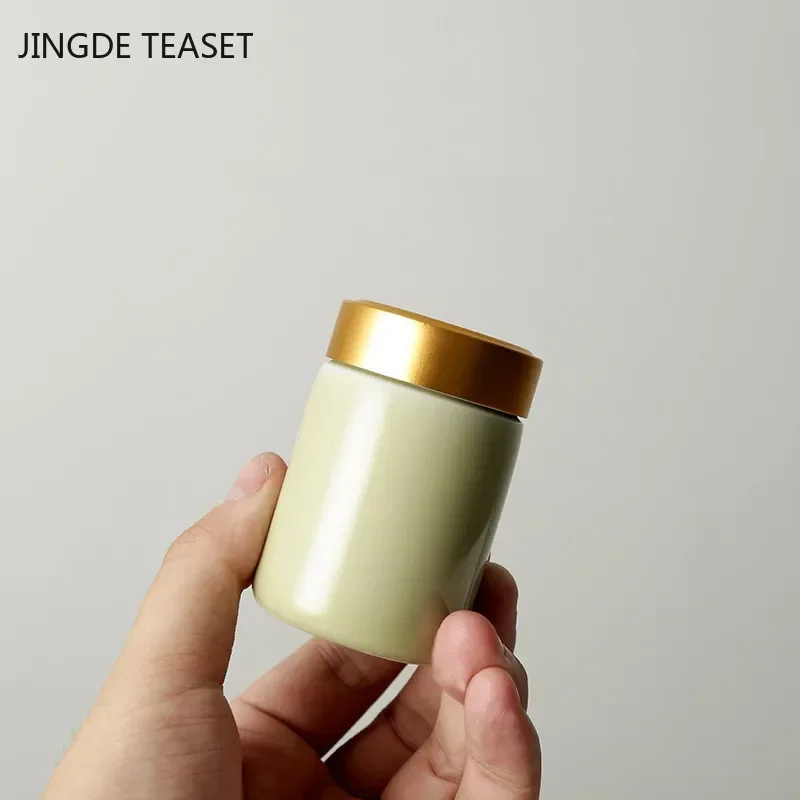 Tea Tin Box Tea Canister Airtight Container Creative Celadon Small Tea Caddy Portable Sealed Storage Tank Travel Tea Boxes Ceramic Coffee Canister Kitchen Spice Candy Jar