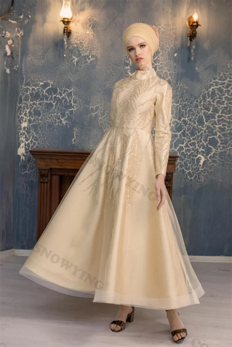 

Tiered Appliques Muslim Evening Dresses Chiffon Long Sleeve Islamic Formal Party Gowns High Neck Women Arabic Robes De Soirée