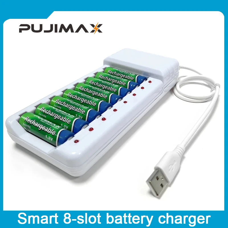 Battery Charger Adapter PUJIMAX Battery Charger USB Output 8 slots Charger For AA/AAA Ni-Cd Rechargeable Batteries For remote control microphone camera