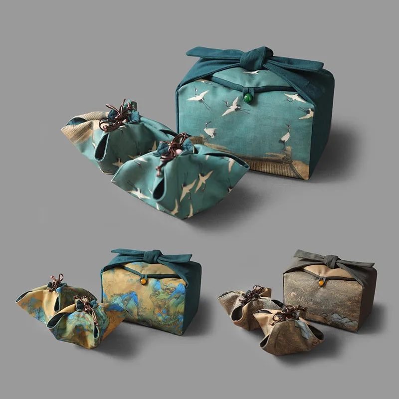 Tea Cup Bags with Drawstring Foldable Cloth Bag Chinese Style Printed, Scenic Travel Bag Teapot Tea Set Storage Organizer