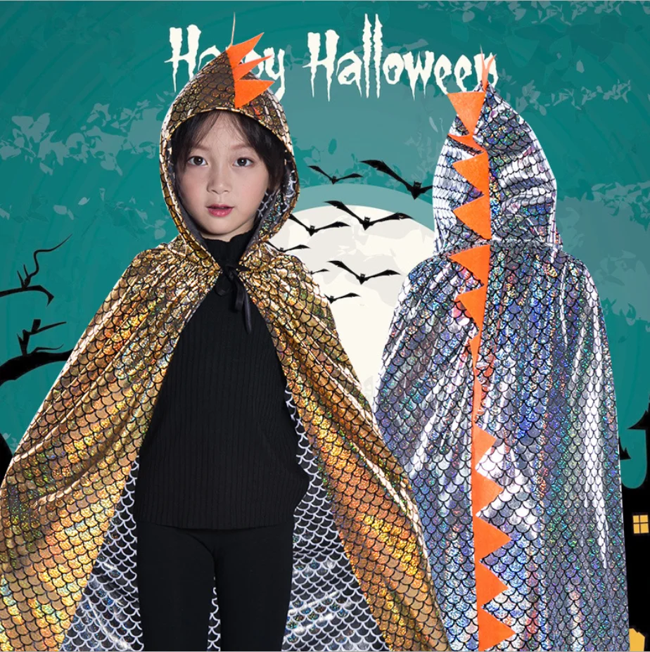 Sequined Dinosaur Cape Halloween Cosplay Costume Hooded Cloak for Kids Boys Festival Party Carnival Children\'s Cloak with Hood