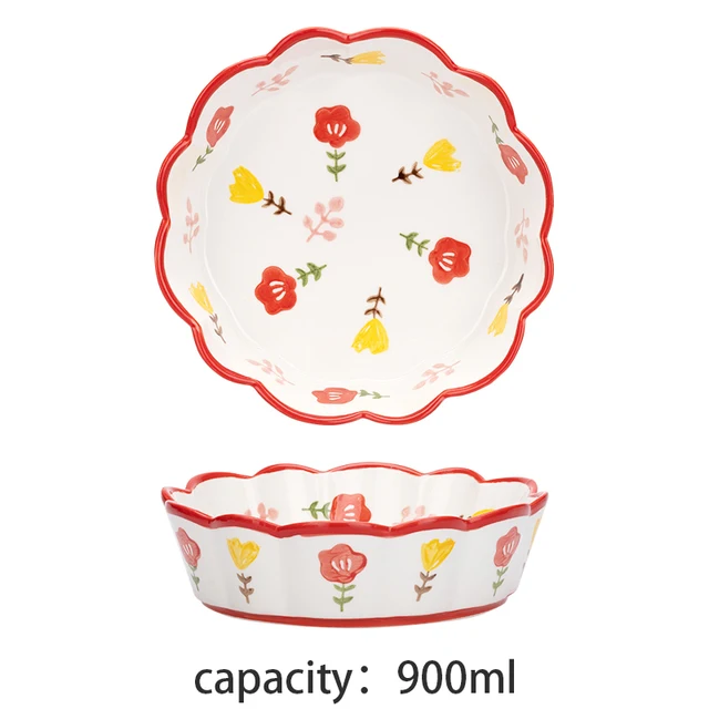 900ml Ceramic Flower Salad Fruit Bowl Wavy Edge Noodle Pasta Cereal Bowls Kitchen Underglaze Craft Soup Plate Tableware 6