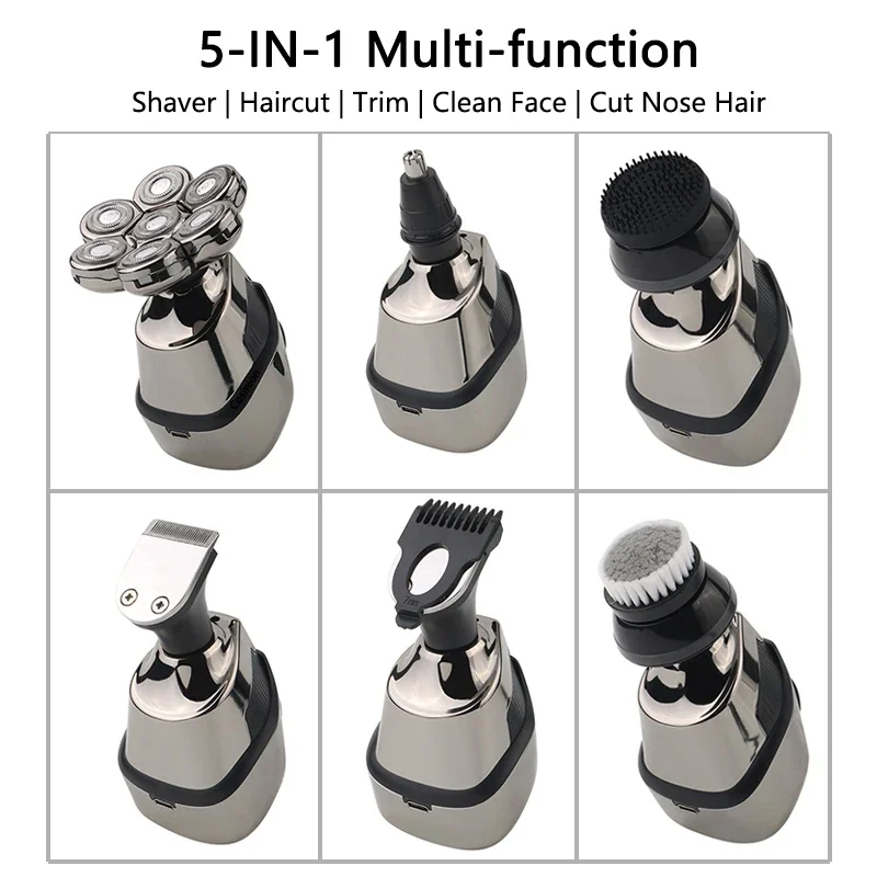 5 IN 1 4D Men\'s Rechargeable Bald Head Electric Shaver 7 Floating Cutter Beard Nose Ear Hair Trimmer Men Facial Cleaning Brush