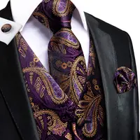 Purple Gold Silk Mens Vest Tie Set Jacquard Paisley Sleeveless Jacket Suit Waistcoat Necktie Hanky Cufflinks Wedding Business 1