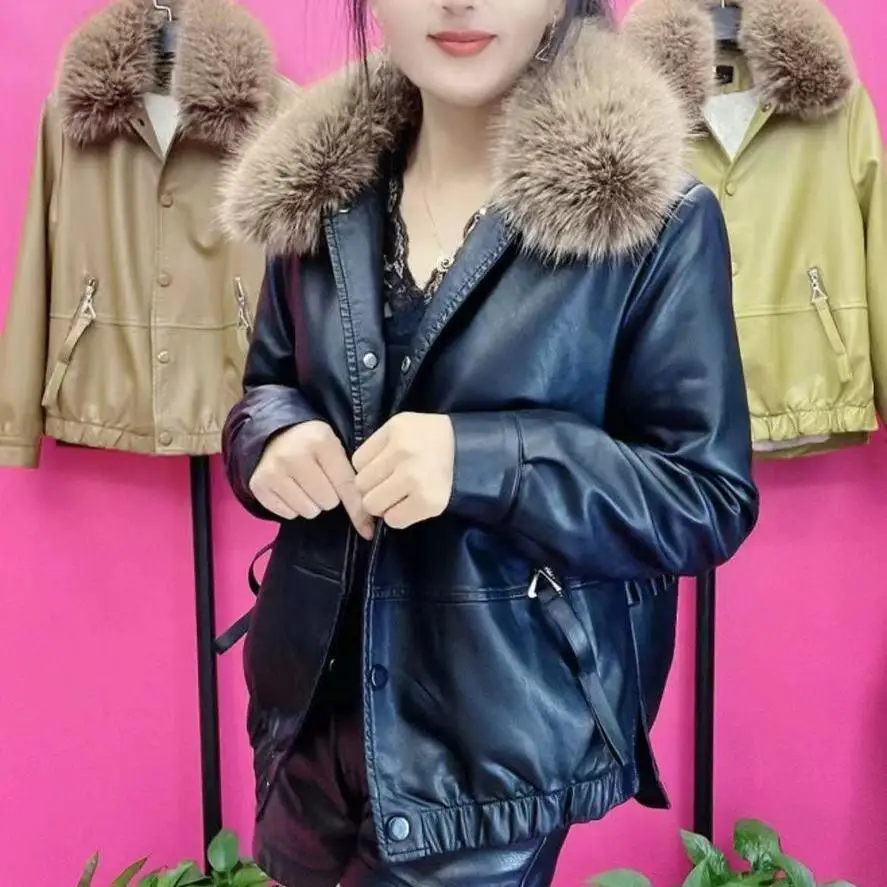 korean-black-fake-leather-jacket-women-winter-new-women's-polo-collar-covered-buttons-loose-coat-2024-t468