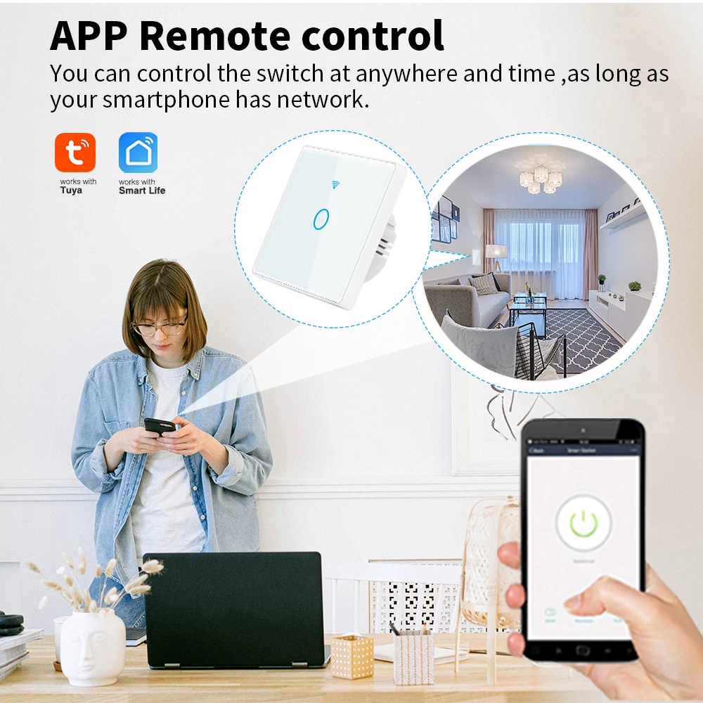 Tuya Smart Wall Touch Switch EU Standard No Neutral Wire and Neutral Wire Required Aleax Voice Control Light Switch