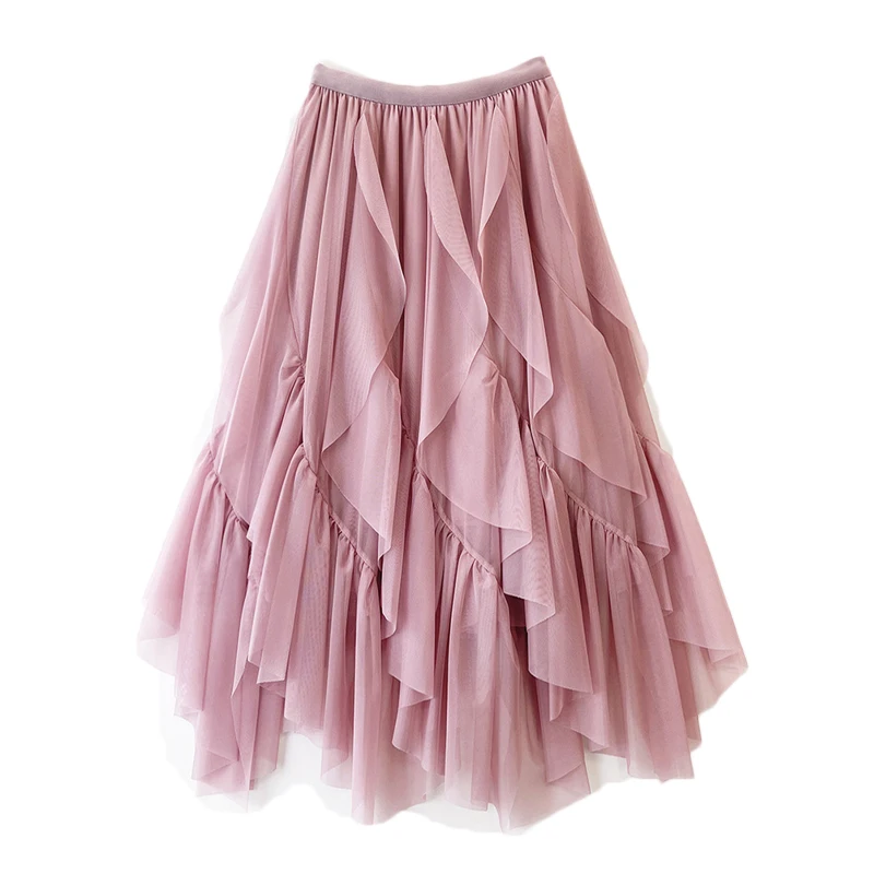 

Boho Long Tulle Skirt Autumn Winter 2023 New Women Mesh Irregular Midi Skirt Female High Waist Party Long Tutu Maxi Skirt Green