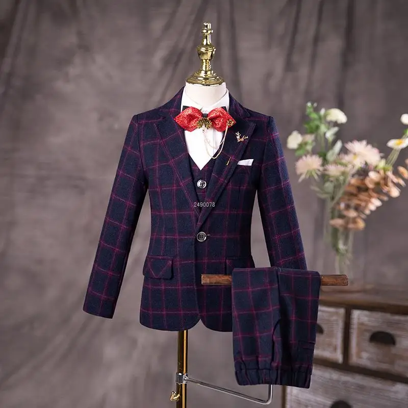 

Gentleman Kids Purple Jakcet Vest Pants 3PCS Photograph Dress Boys Luxurious Wedding Suit Children Formal Stage Show Costume