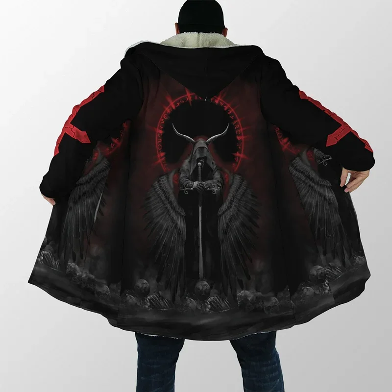 Men's Hooded Cloak Satan Demon Tattoo Skull 3D Printing Winter Fleece Trench Coat Unisex Casual Thicken Warm Hooded Cloak H008