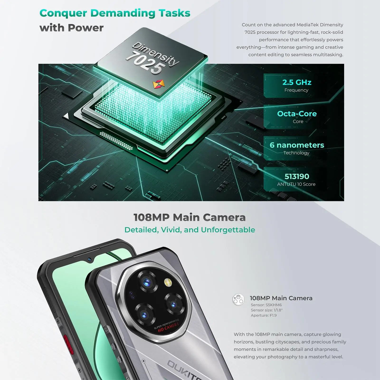 Oukitel WP62 Rugged Phone 8GB+256GB/12GB+512GB/16GB+512GB 33W 108MP Camera 6.6" Android 15 MediaTek Dimensity 7025 5G Smartphone