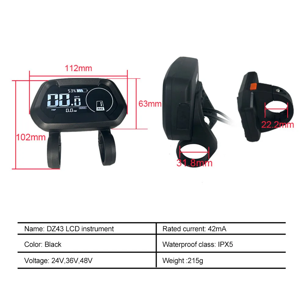 

LCD Display DZ43 LCD Instrument BBS02 Black Color DZ43 Detachable Display E-Bike Screen Ebike Parts 1pc Brand New