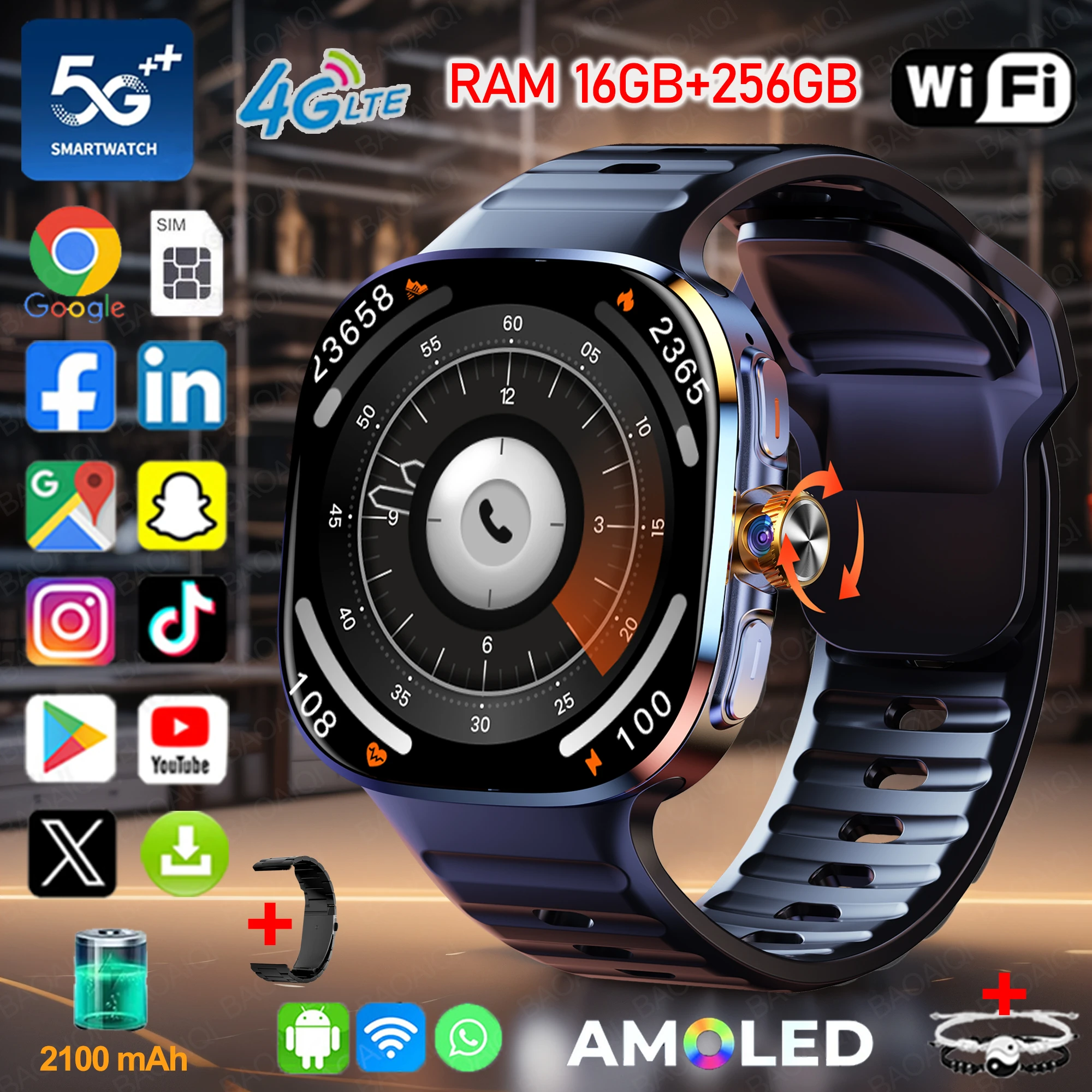 4G/5G Smartwatch 2.4 inch 720*720 Amoled Android 10.0 900W Camera GPS WIFI SIM Card 16GB+256GB RAM 2100Mah Battery Smart Watch 1