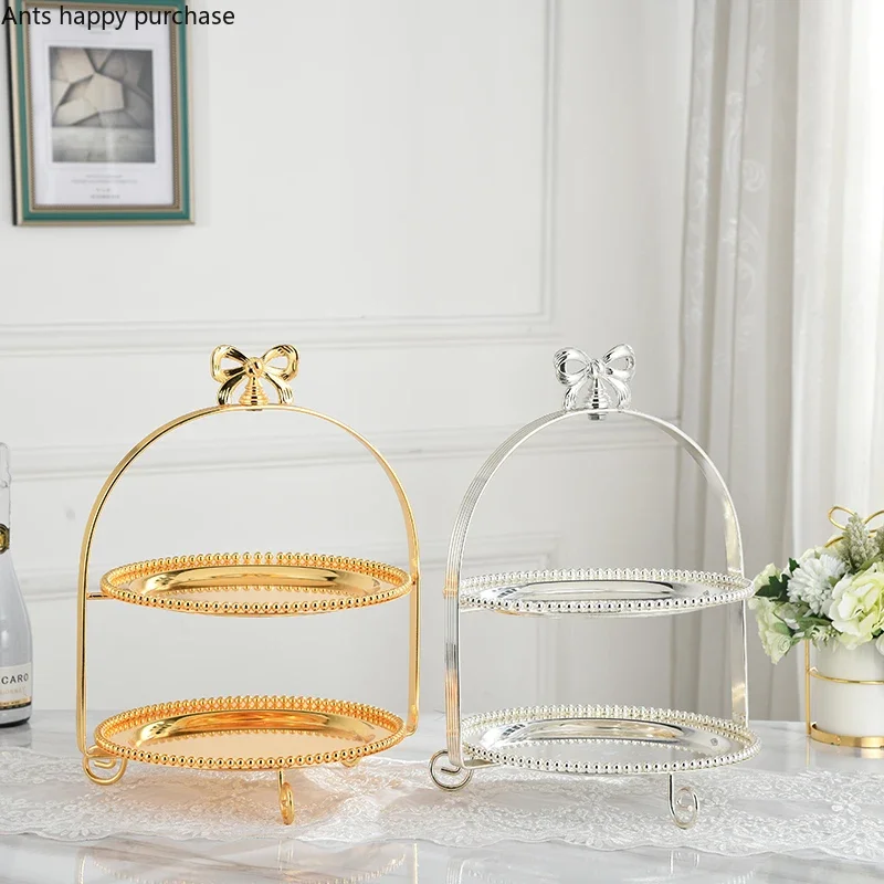 Single Layer Two Layers Three Layers Bow Metal Cake Stand Gold Silver Round Pearl Dessert Cake Pan Fruit Tray Display Stand