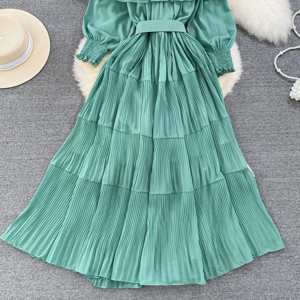 Women Vintage Off Shoulder Dress Chiffon Summer Sweet Lotus Leaf Edge Elegant Pleated Dresses Ladies Evening Party Long Dress