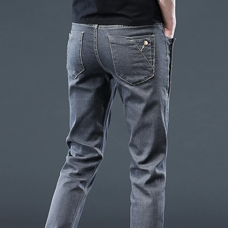 Casual Pants Slim Small Leg Long Men Denim Jeans Korean Version Trendy New Brand High Quality Grey Stretch Fashion Trousers 2