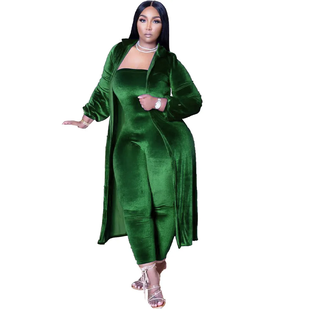 Casual Women Jumpsuit Two Piece Set Velvet Jumpsuit + Long Coat Solid Color Tracksuit Playsuit Set Clothes For Women Outfit women jumpsuit autumn sexy bodycon playsuit o neck short sleeve zipper bodysuit female elegant slim playsuits rompers