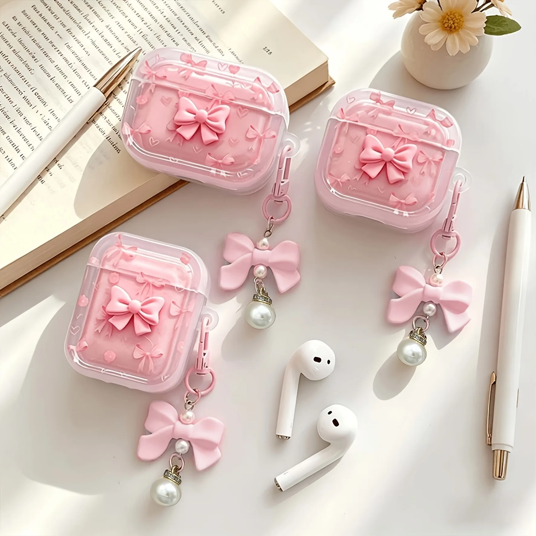 Cute Pink 3D Bow AirPods Case with Pearl Pendant Keychain