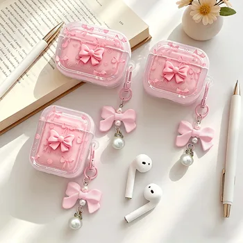 Cute Pink 3D Bow AirPods Case with Pearl Pendant Keychain